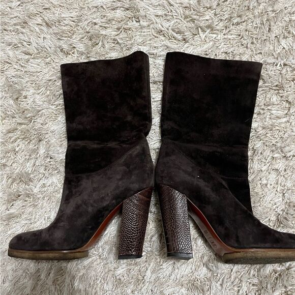 Lanvin Brown Suede Boots with Croc Embossed Heel Size 36 1/2 - Picture 2 of 5